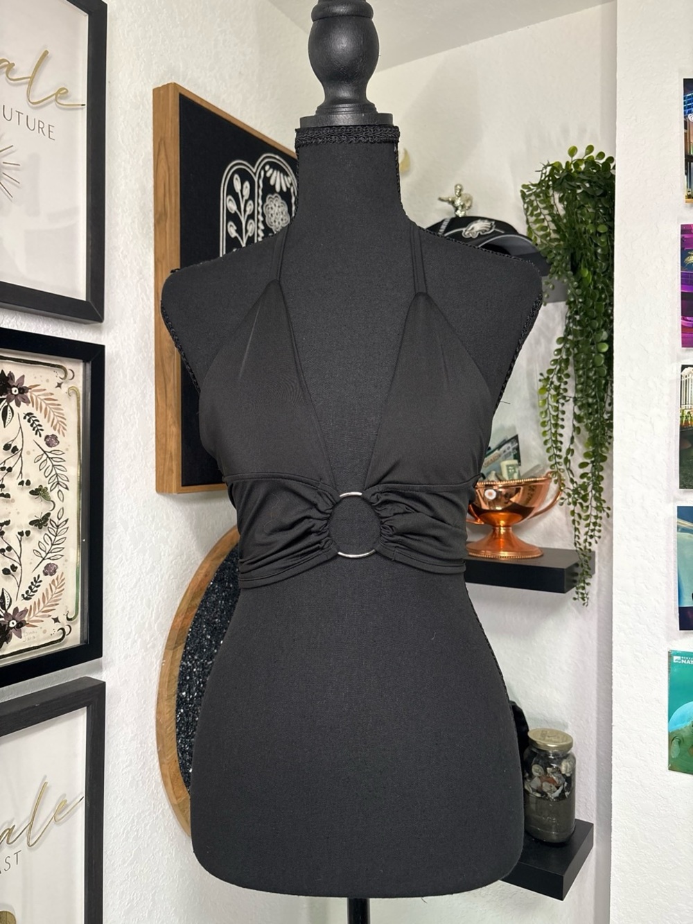 Black Ruched O-Ring Halter Neck Plunge Crop Top - Size Medium